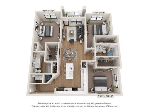 Floor plan for 3 beds, 2 baths, 1449 sqft